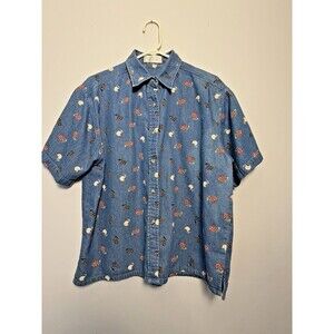 VTG Mandal Bay Womens Denim Rooster Short Sleeve Shirt Size 2X Farmhouse Country